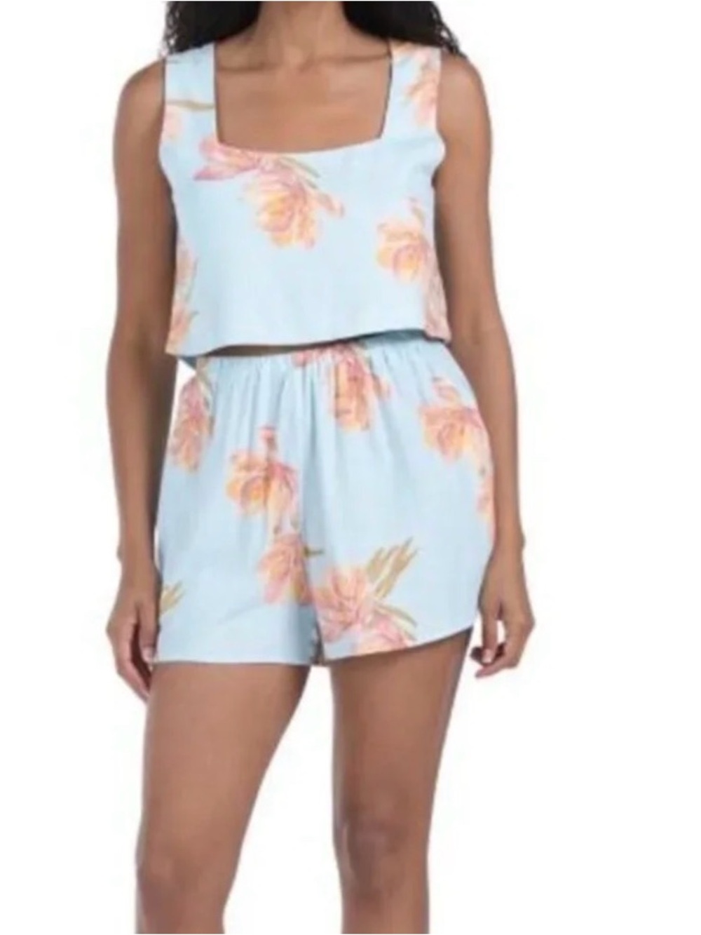 Paper Heart Tropical Print Linen Blend Two-Piece Crop Top and Shorts Set Summer - Picture 14 of 15